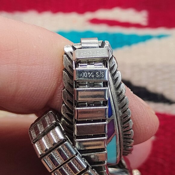 Native Sterling Silver Inlay Multi Gemstone Watch & Tips WORKS Adjustable Band - Picture 10 of 11